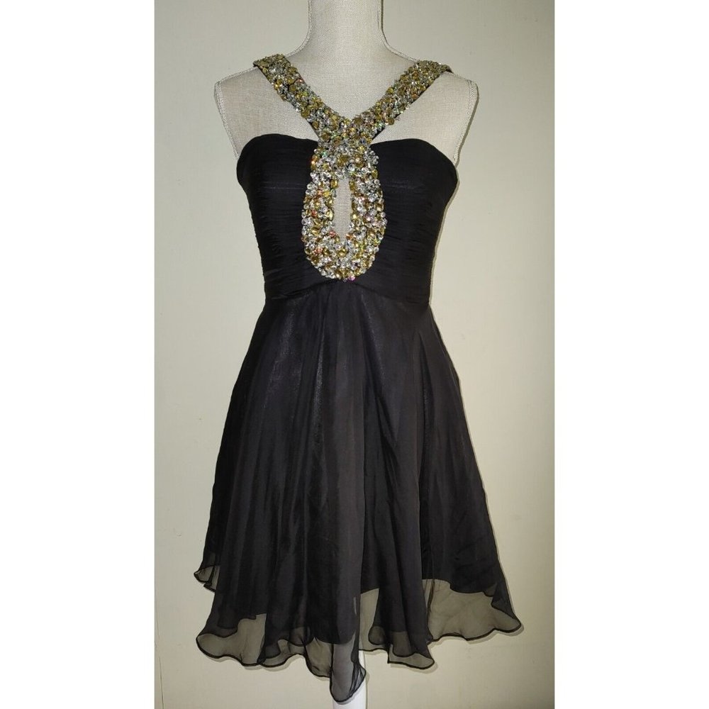 Sherri Hill Short Black Cocktail Homecoming Dress Sequins Beads sz 4 Silk Sparkl